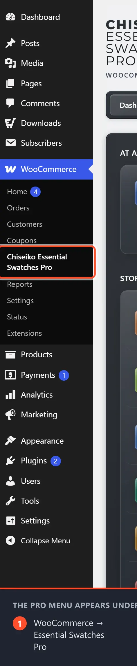 The WooCommerce submenu in the WordPress admin, with the Chiseiko Essential Swatches Pro item highlighted