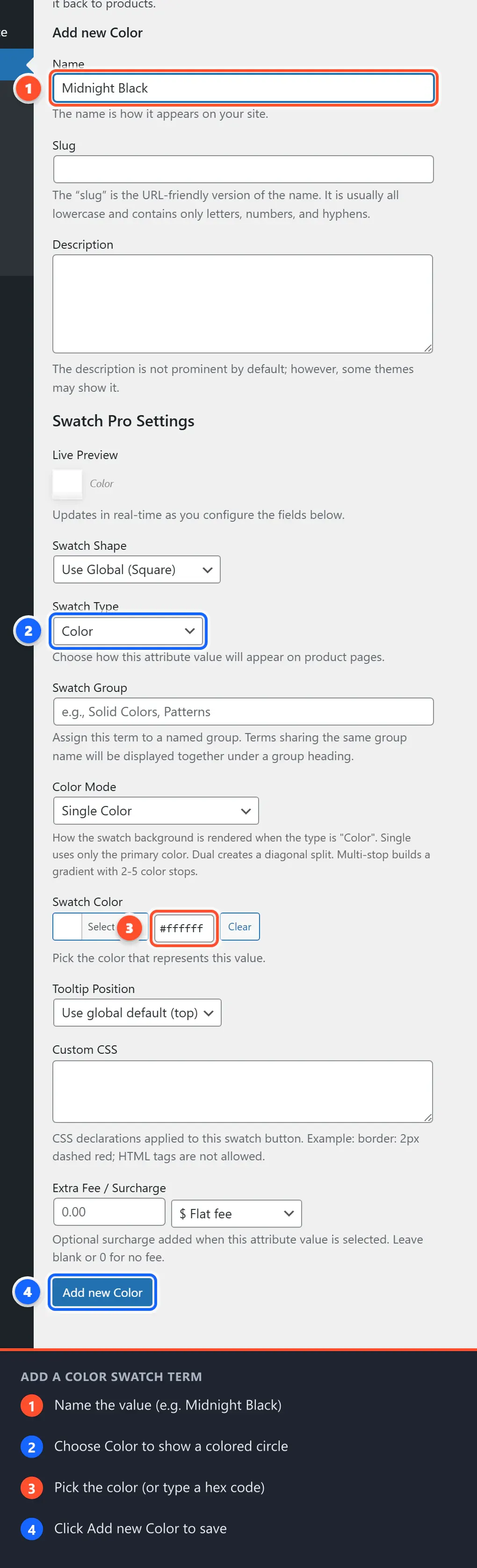 The Add new Color form with the Name field (1), Swatch Type set to Color (2), the Swatch Color picker (3), and the Add new Color button (4)