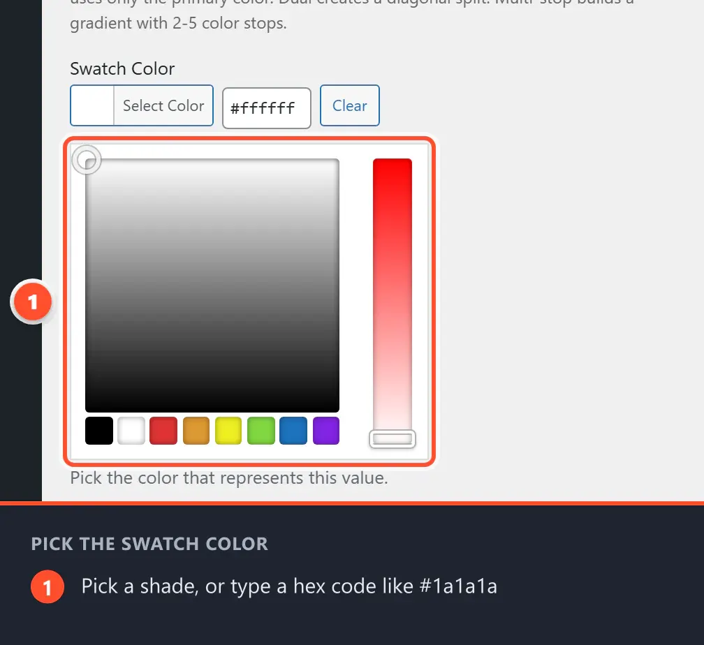 The WordPress color picker open beneath the Swatch Color field, with a palette and a hex code box
