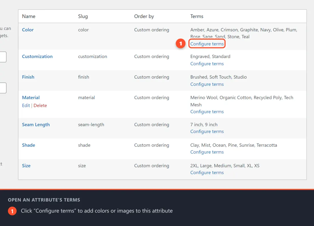 The attribute list with the Configure terms link highlighted under the Color attribute