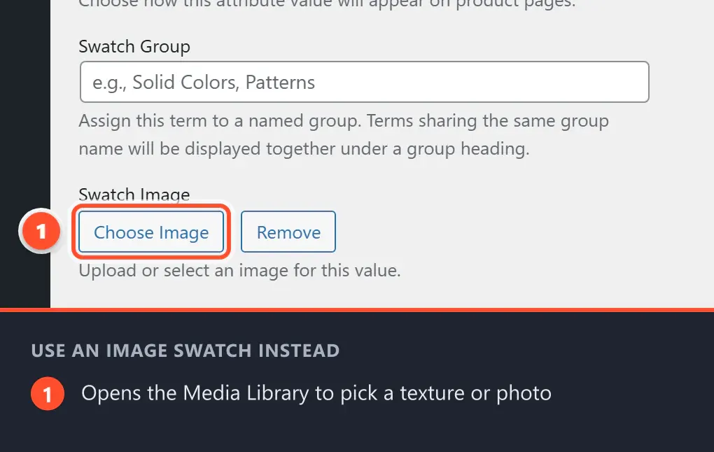 With Swatch Type set to Image, a Choose Image button appears that opens the Media Library