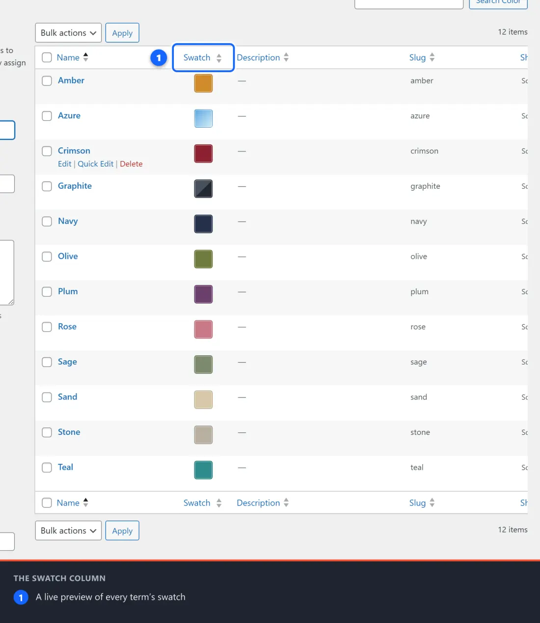 The terms list showing the Swatch column with a colored preview for each color term