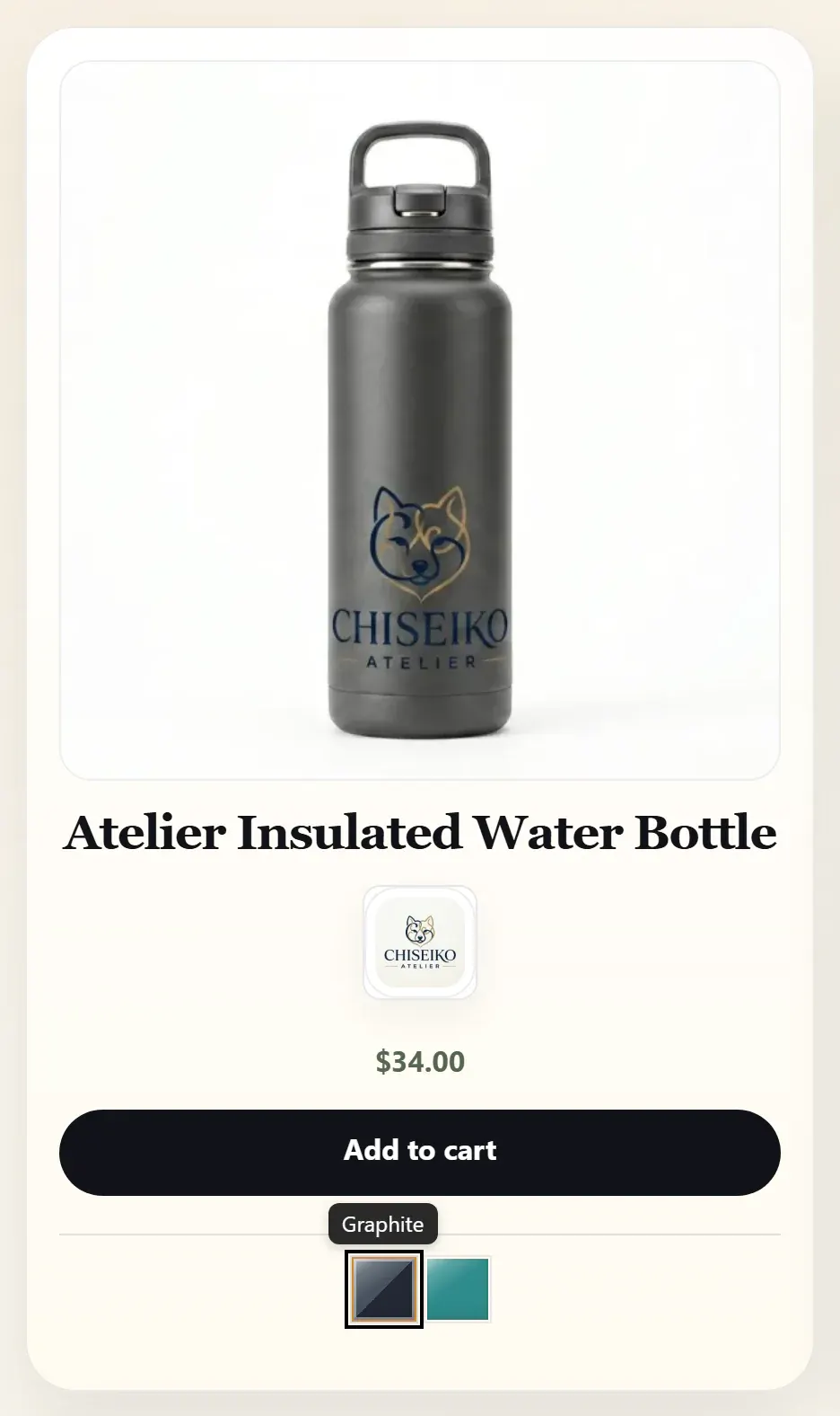 A shop product card with Interactive Archive Swatches on — a selected swatch and the Add to Cart button right in the grid