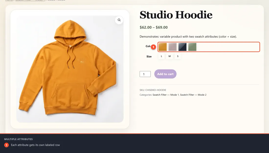 A product page with two swatch rows — Color and Size — each on its own labeled line