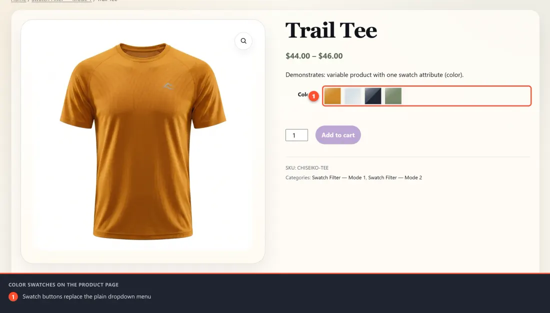 A product page showing color swatch buttons in place of the variation dropdown