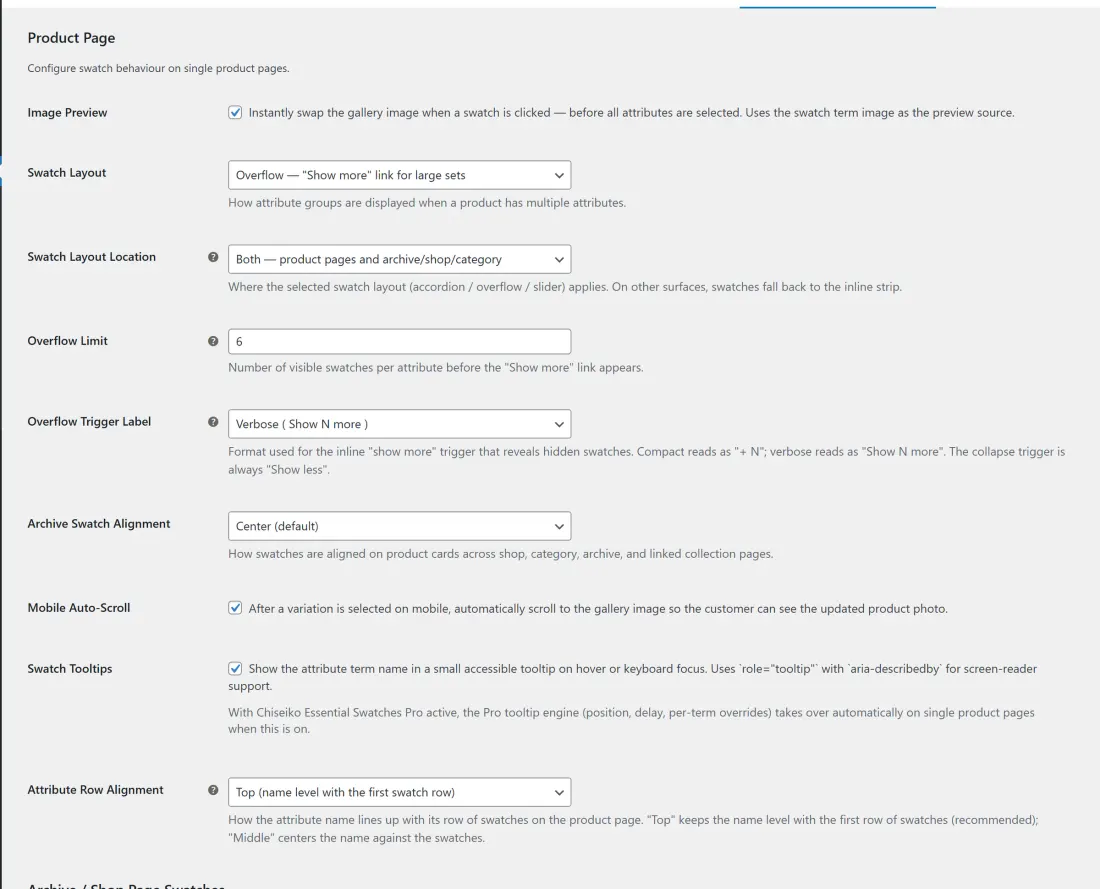 The Product Page section of the Chiseiko Essential Swatches Settings tab — Image Preview, Swatch Layout, and alignment fields