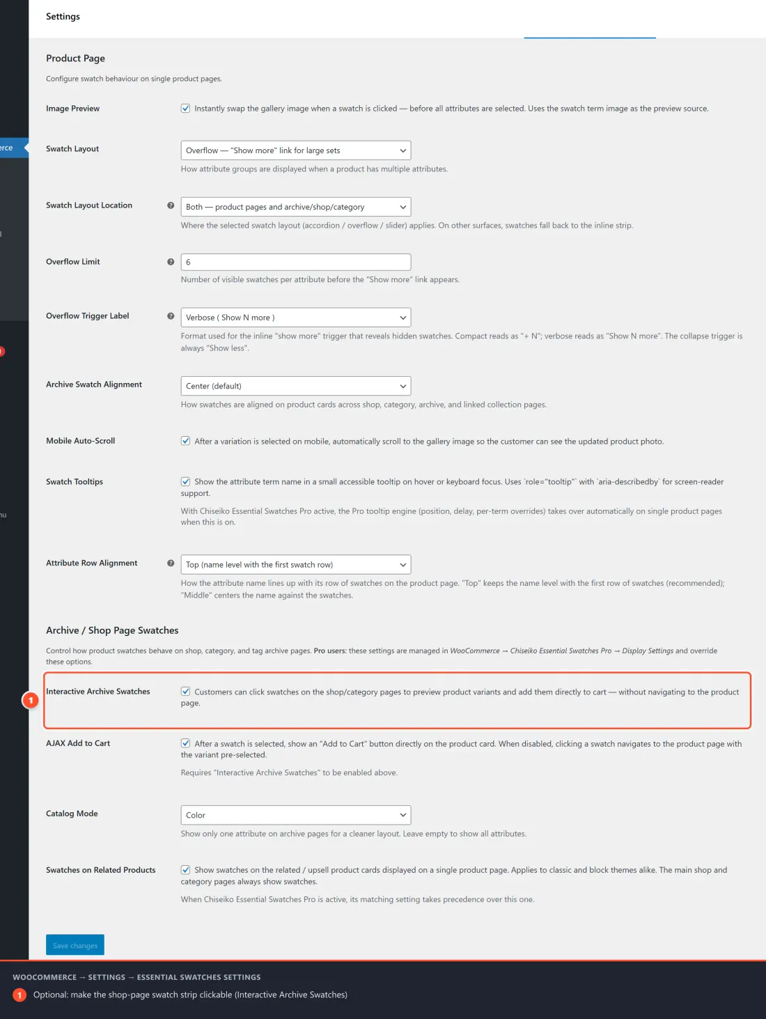 The free plugin's settings under WooCommerce → Settings → Chiseiko Essential Swatches Settings