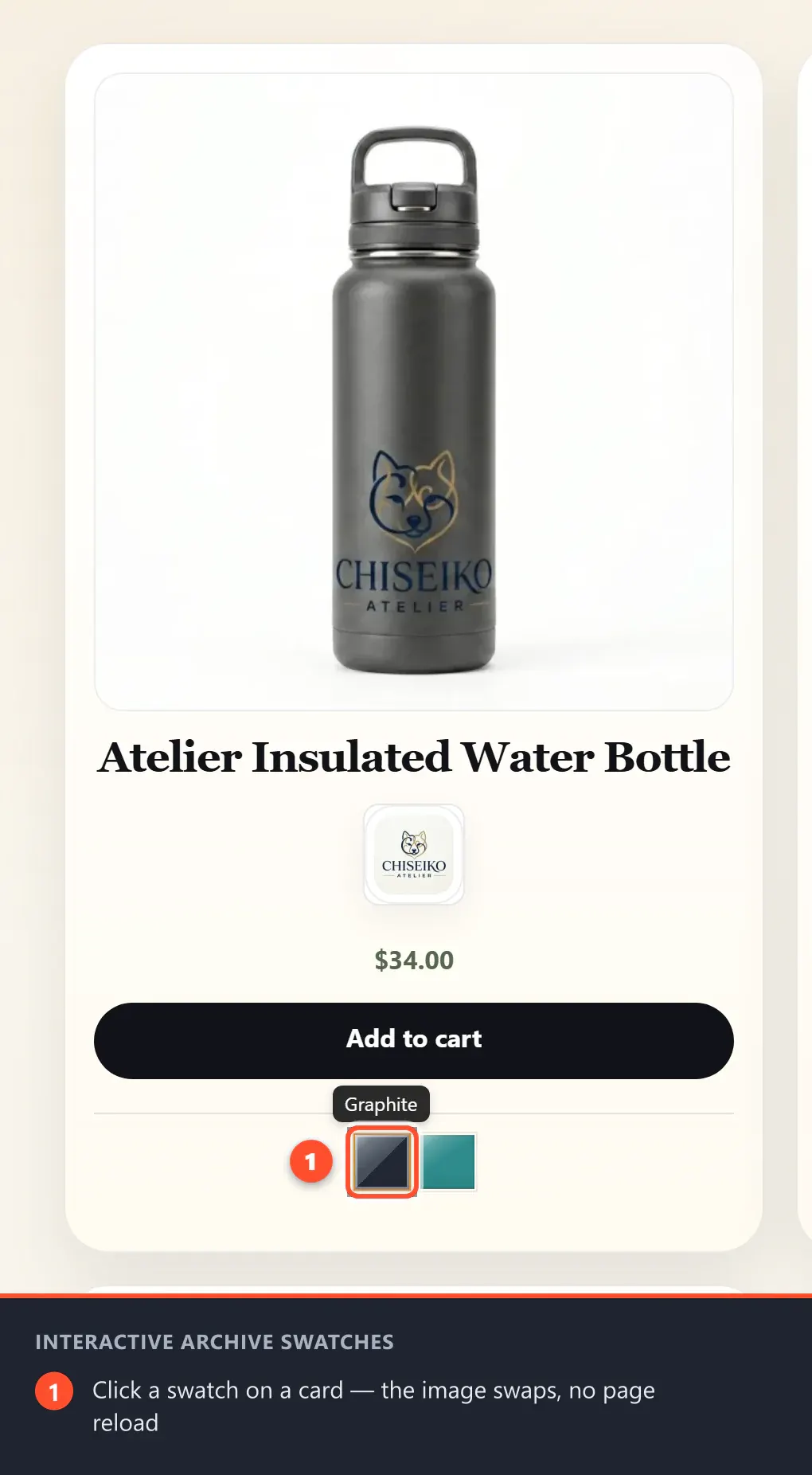 A shop product card with clickable swatches — clicking one swaps the card image without reloading