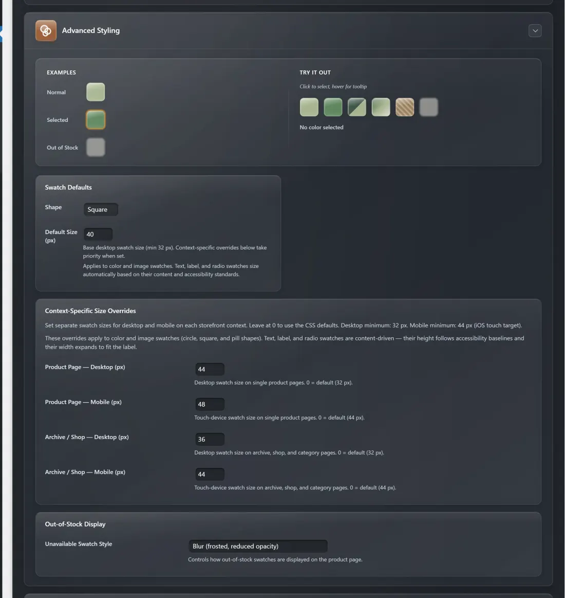 The Advanced Styling card on the Display Settings tab, with example swatches, a Try It Out preview, default shape and size, and the out-of-stock display mode