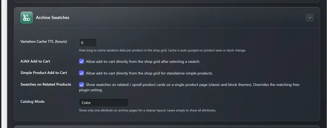 The Archive Swatches settings card on the Display Settings tab