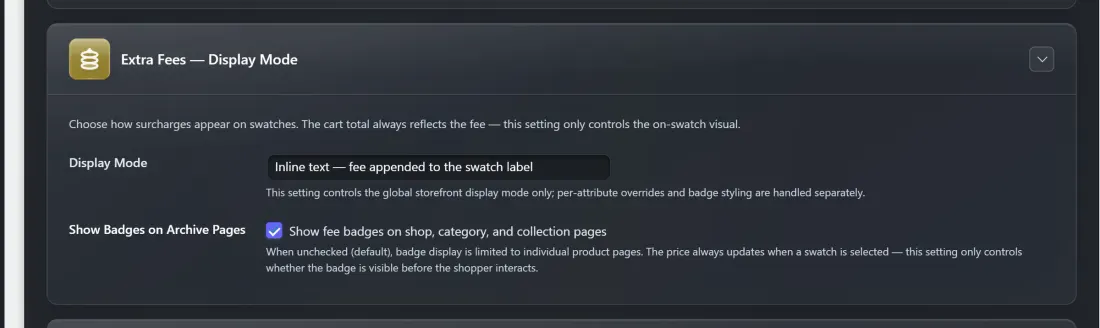 The Extra Fees Display Mode card on the Display Settings tab