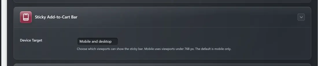 The Sticky Add-to-Cart Bar card on the Display Settings tab