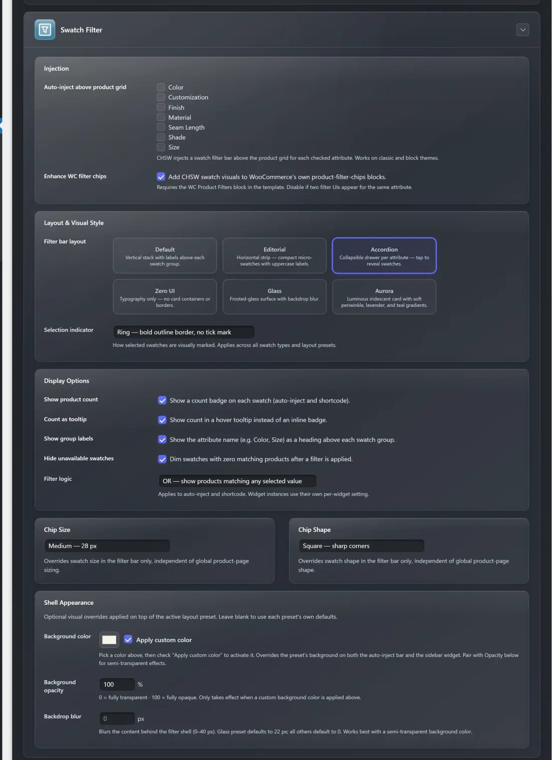 The Swatch Filter card on the Display Settings tab
