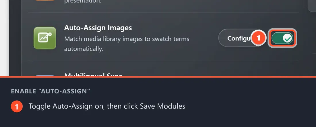 Find Auto-Assign Images on the Modules tab, switch it on, then click Save Modules