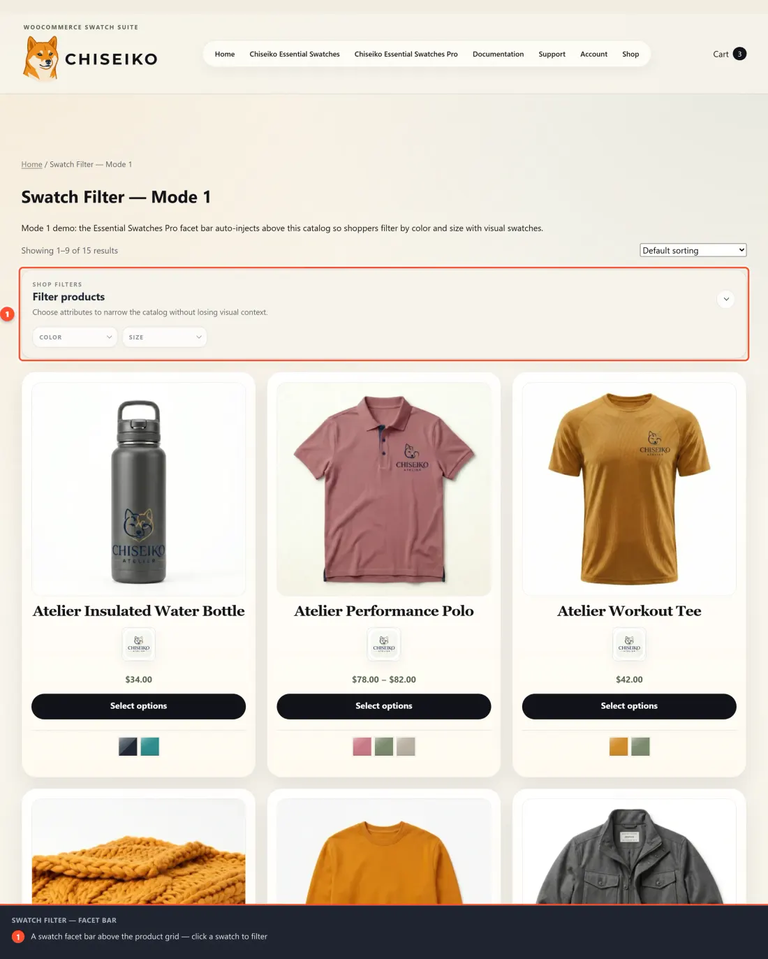 A category page with a swatch filter bar above the product grid