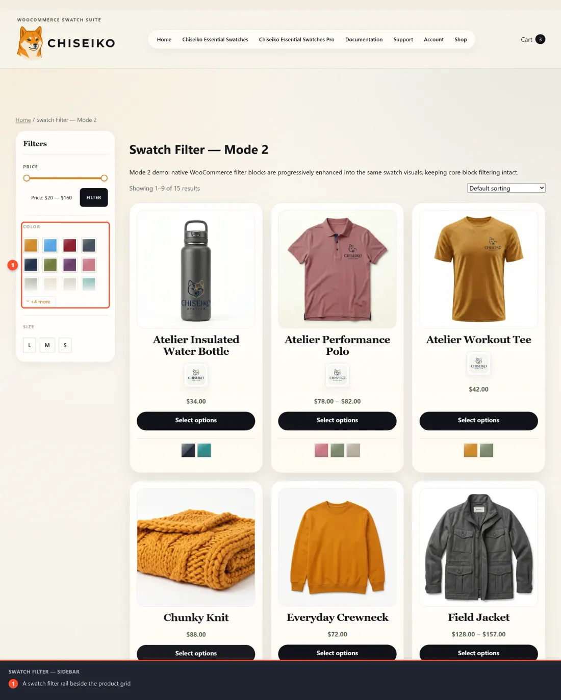 A category page with a swatch filter rail in a left sidebar next to the product grid