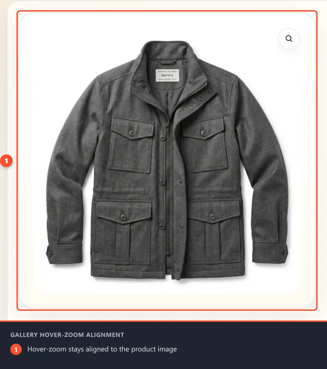 A product gallery whose hover-zoom is correctly aligned to the image