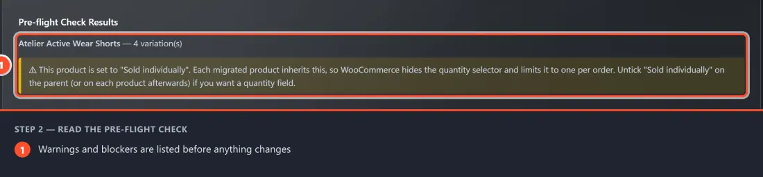 Step 2 — the pre-flight check confirms how many variations will be converted and flags anything to fix first