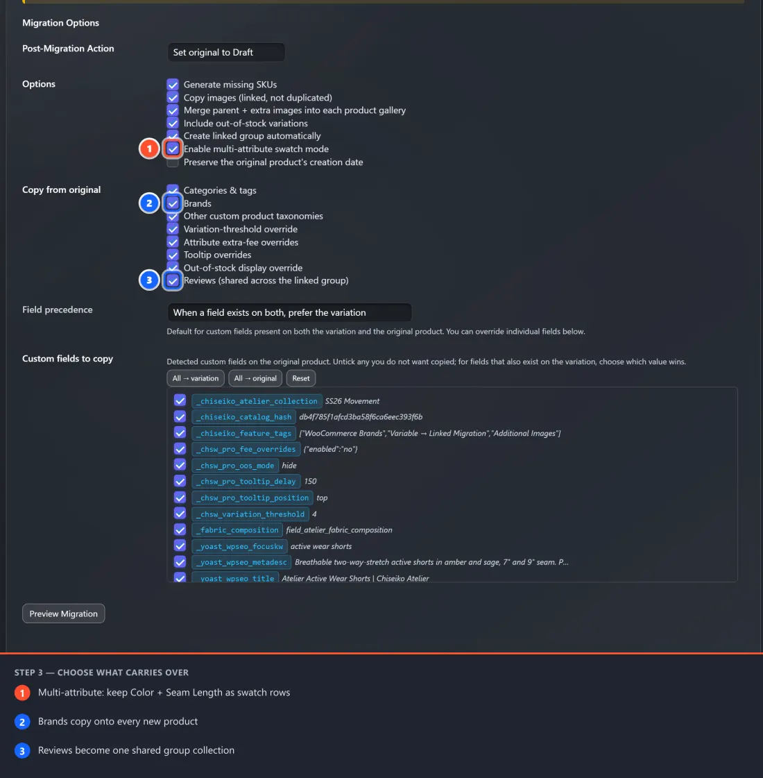 Step 3 — the Migration Options panel: keep Color + Seam Length as a multi-attribute matrix, and carry over brands, reviews, taxonomies, fees, tooltips and more