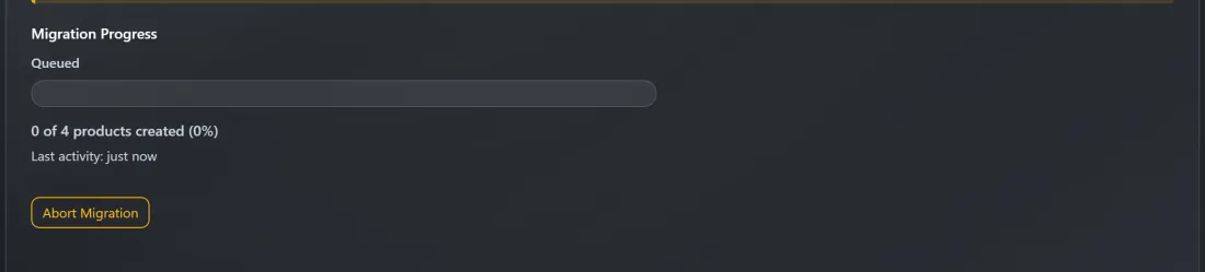 Step 5 — a live progress bar tracks the migration; it runs on the server so you can safely close the page