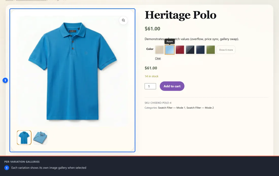 A variable product page where selecting a swatch swaps the whole product gallery to that variation's images