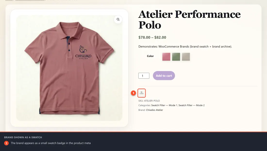 A single product page showing the brand displayed as a small swatch badge