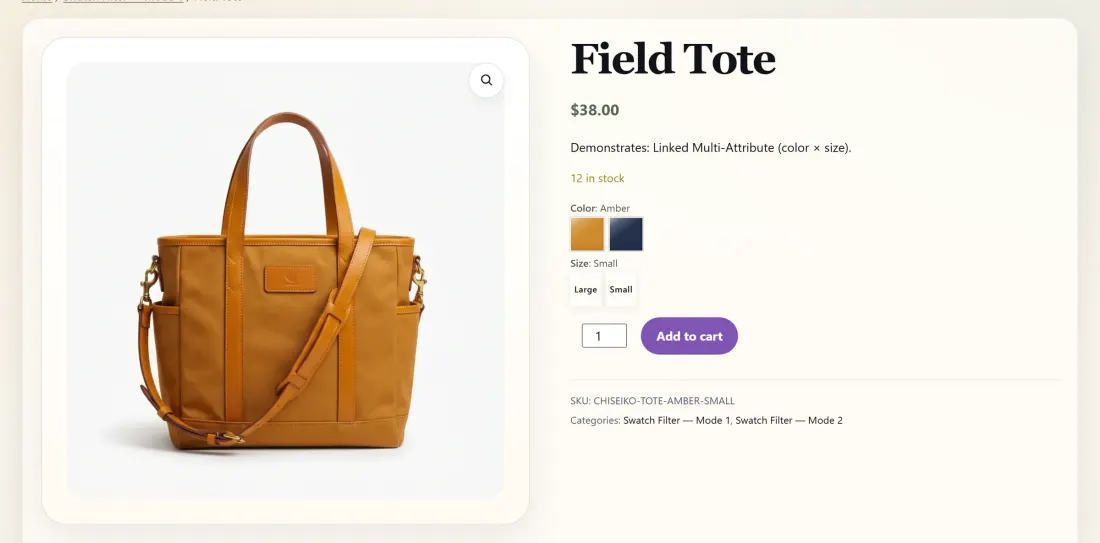 A linked product page showing a multi-attribute swatch matrix of color and size rows