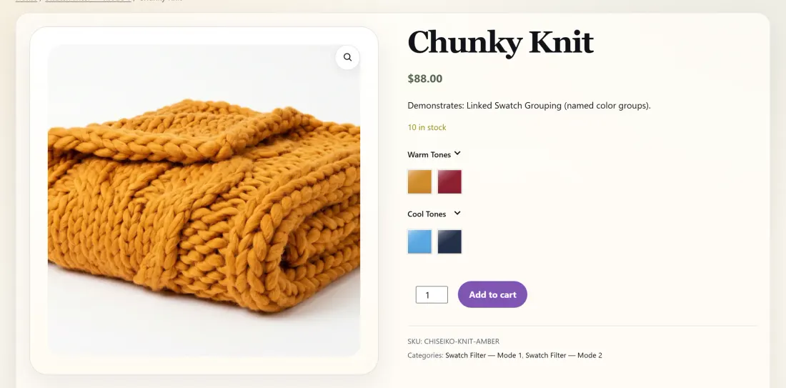 A linked simple product page showing a swatch row that switches between the separate color products