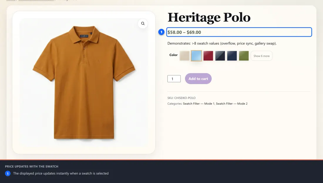 A variable product page where the displayed price reflects the selected swatch