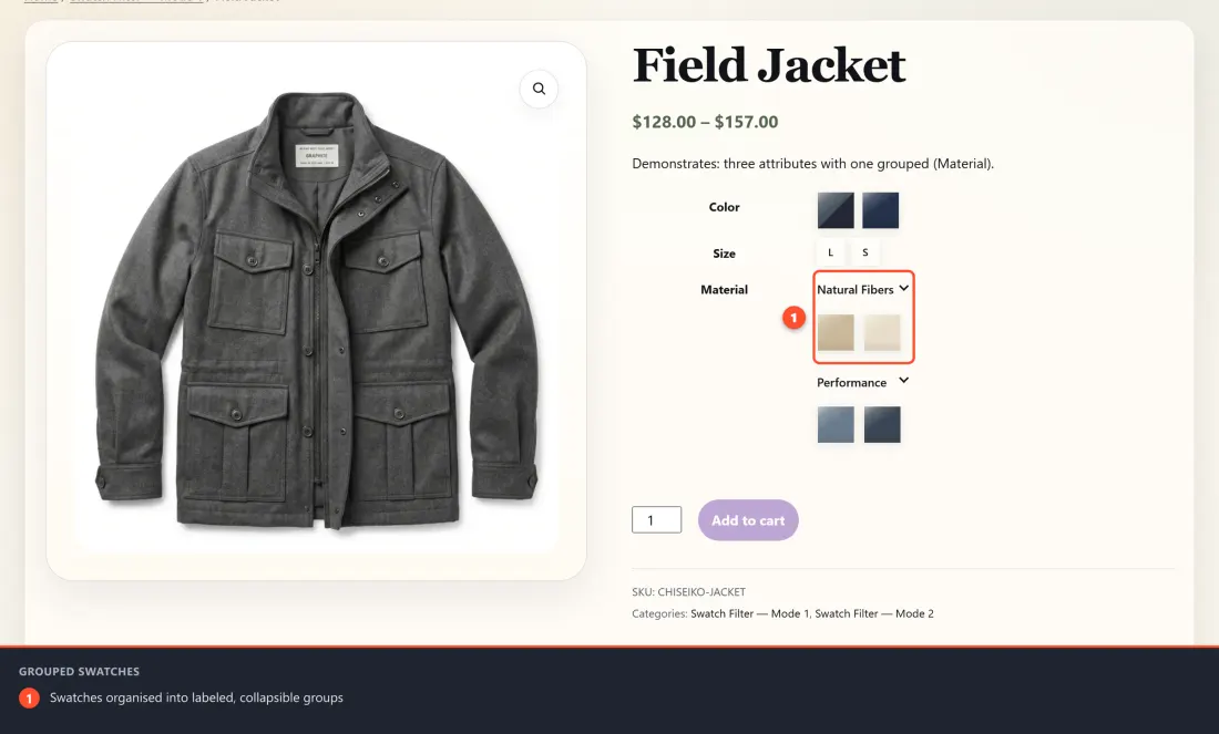 A product page with swatches split into labeled, collapsible groups