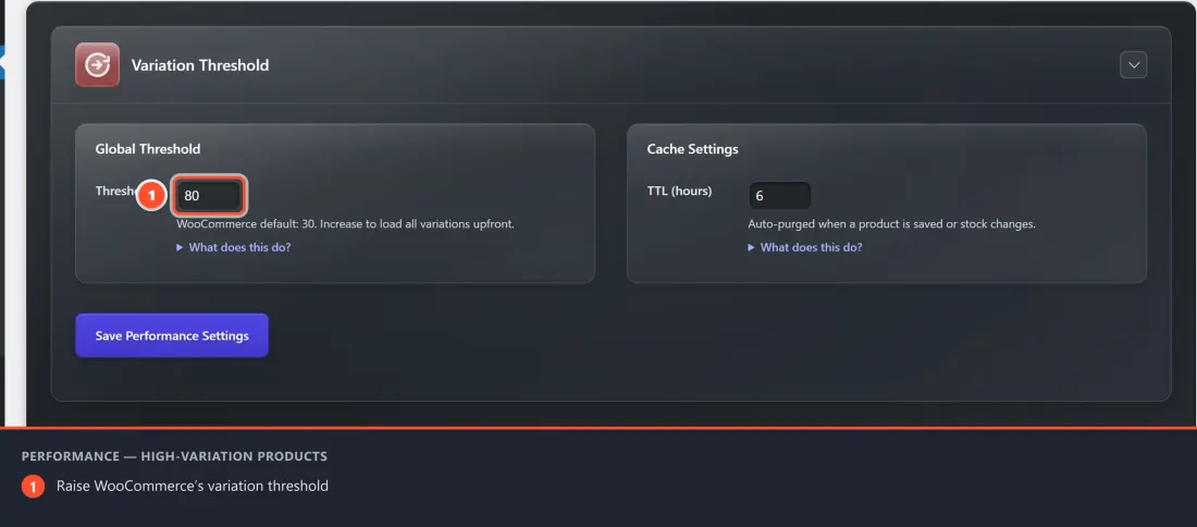 The Performance tab with the Variation Threshold and Variation Cache TTL fields