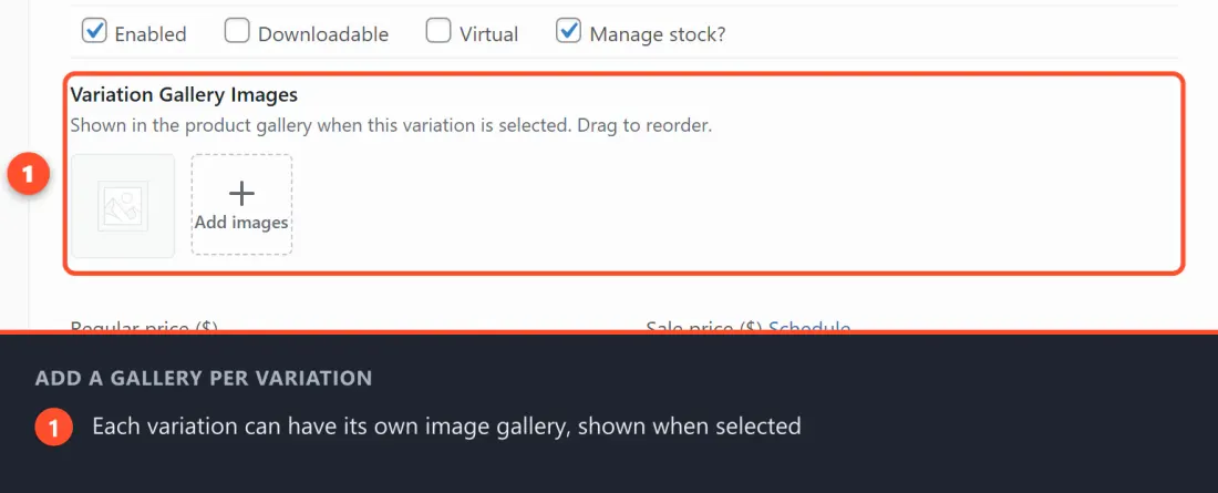 The Variation Gallery Images field inside an expanded variation, with an Add images button