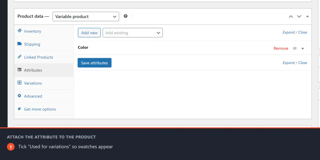 The Product data box on the Attributes tab, with the Color attribute added and the “Used for variations” checkbox highlighted