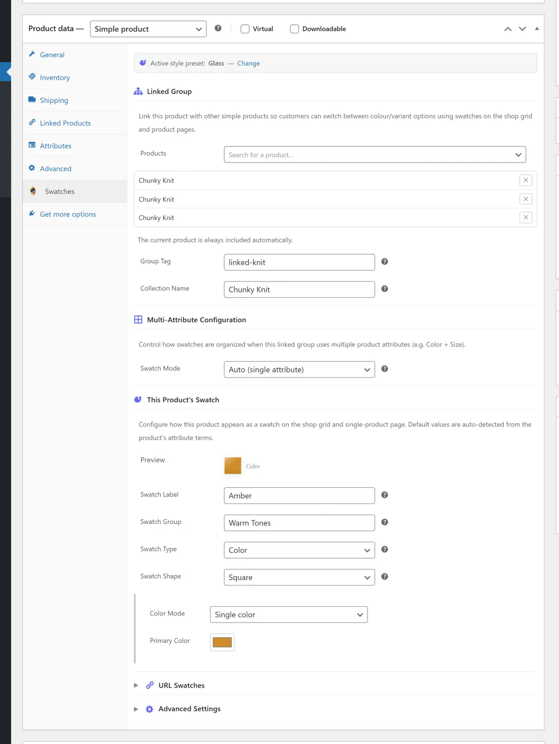 The Swatches product-data tab showing the Multi-Attribute Configuration and Linked Group sections
