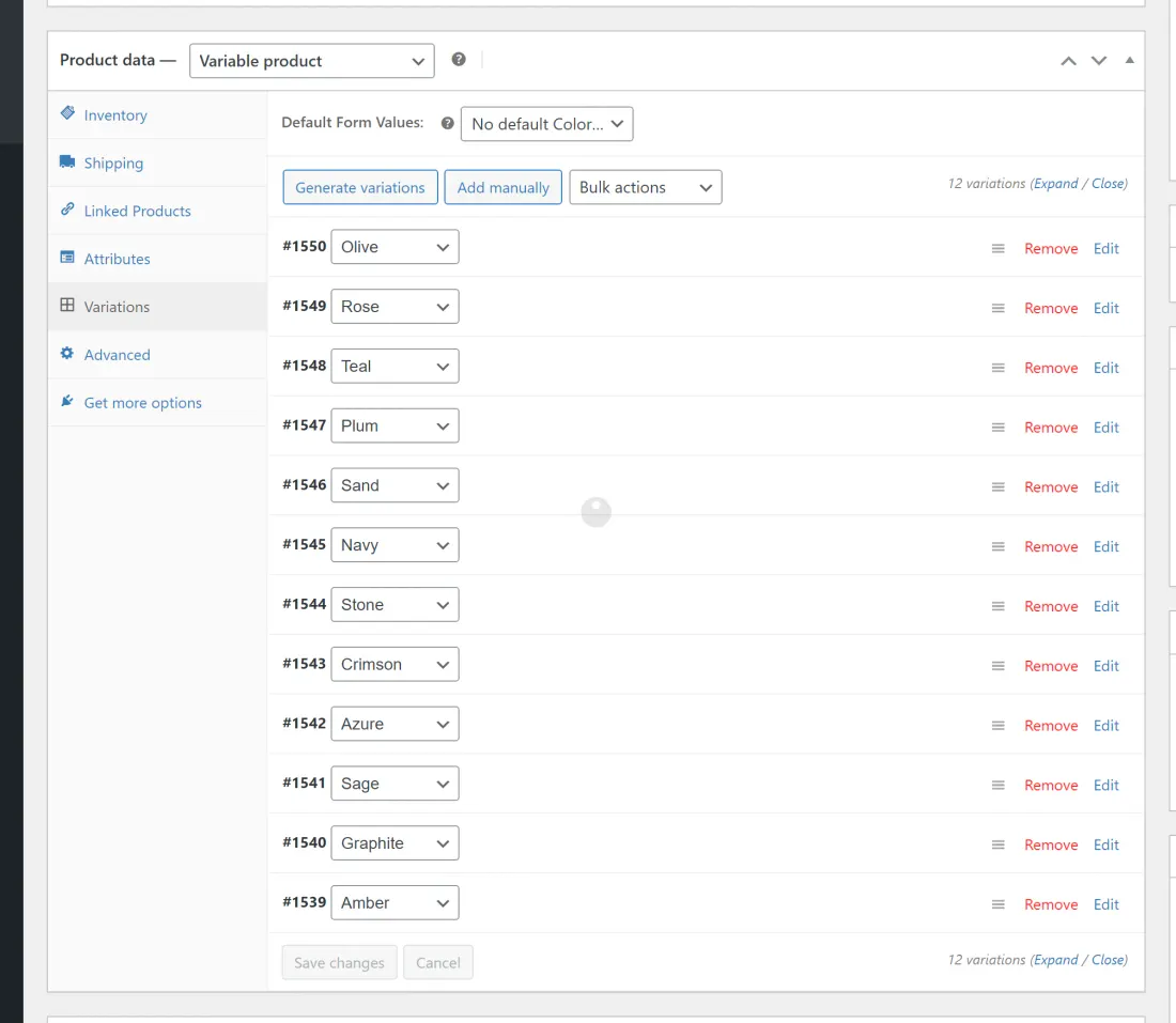 The Variations tab listing one variation per color, with Generate variations and Add manually buttons