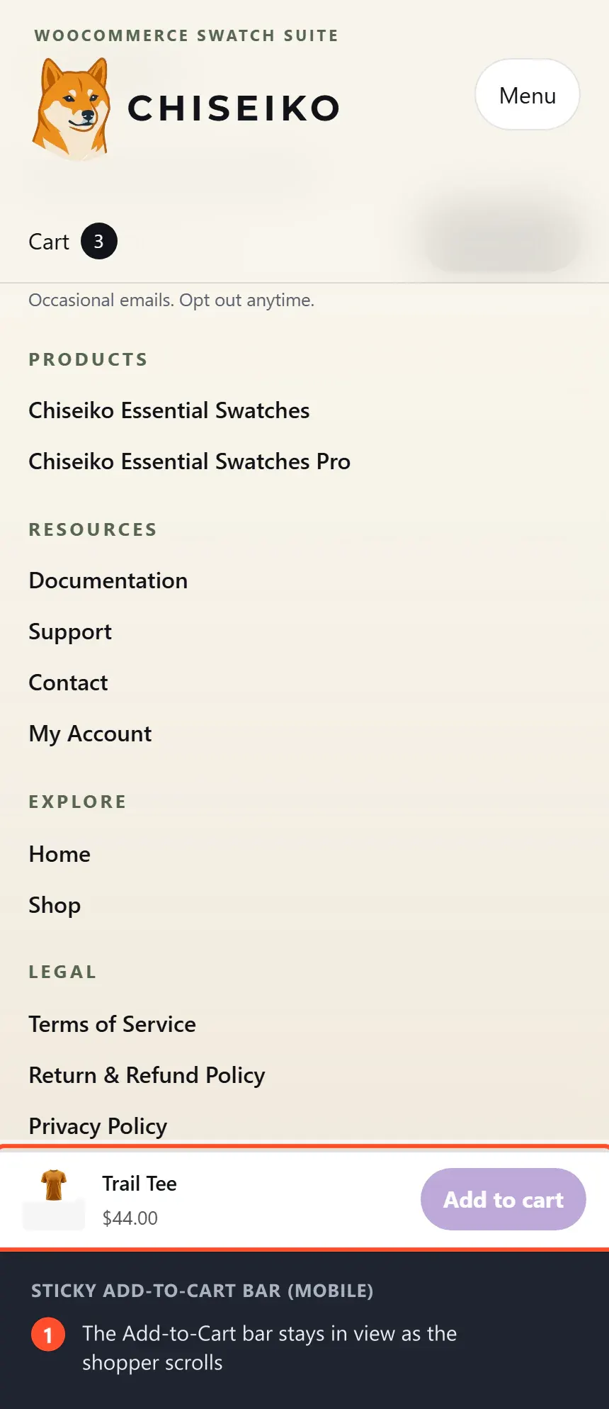 A product page on a phone, scrolled down, with the sticky Add-to-Cart bar pinned to the bottom of the screen