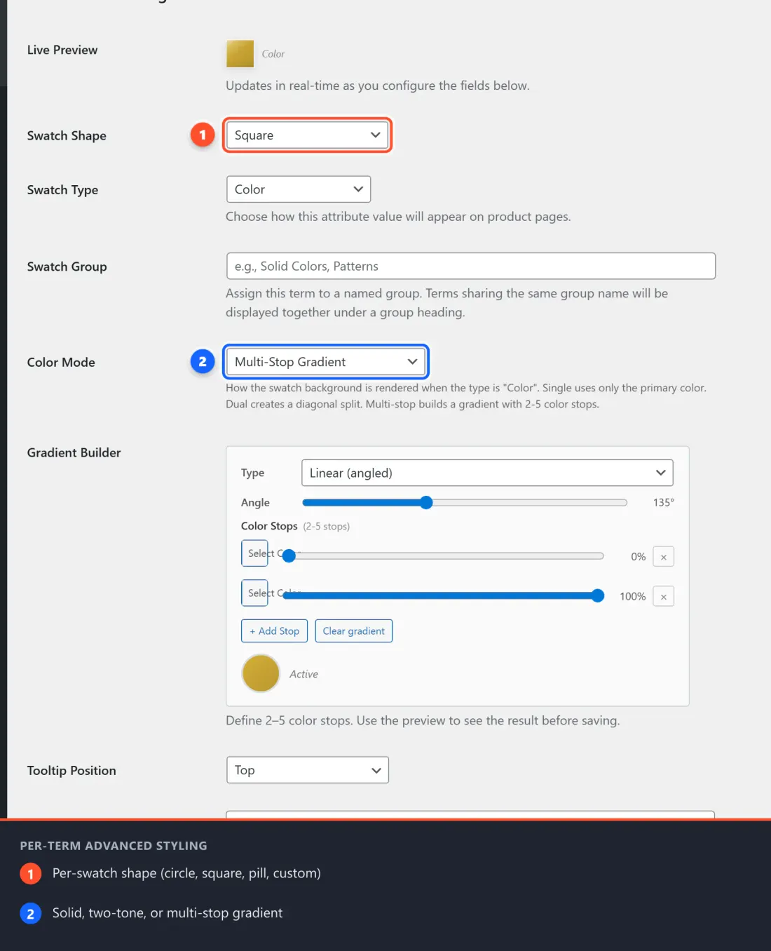 The term edit screen with the Pro fields: Live Preview, Swatch Shape, Color Mode (with the Gradient Builder), and more