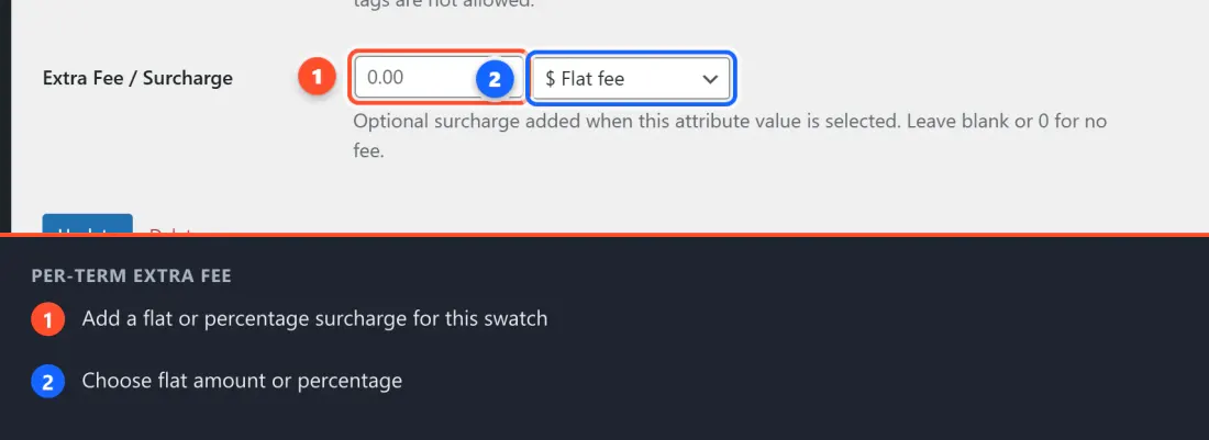 The Extra Fee / Surcharge field on an attribute term's edit screen, with the amount and fee-type controls