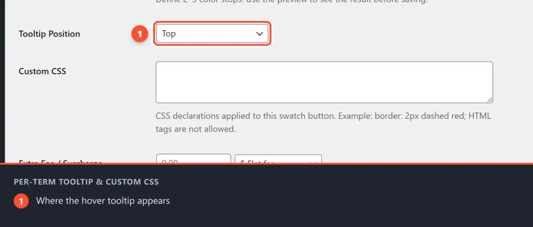 The term edit screen showing the Tooltip Position dropdown and the Custom CSS field