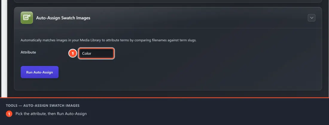 The Auto-Assign Swatch Images card on the Tools tab, with the attribute dropdown and Run Auto-Assign button