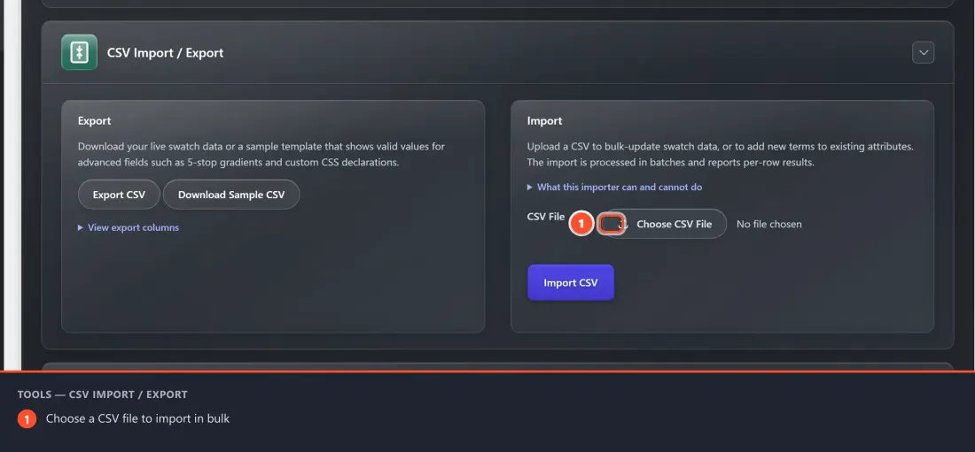 The CSV Import / Export card on the Tools tab