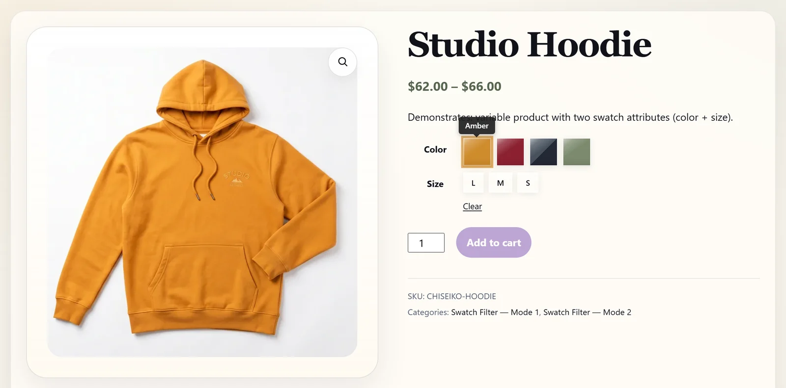 A WooCommerce product page showing clickable color and image swatches in place of dropdown menus